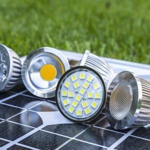Various,Gu10,Led,Bulbs,On,Photovoltaics,In,The,Grass,E27