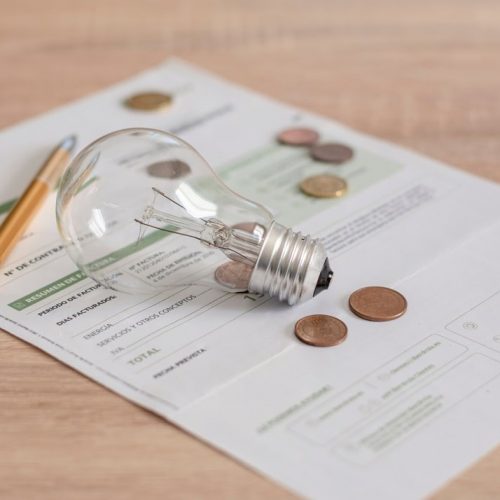 Electricity,Bill,With,Light,Bulb,,Several,Coins,And,Pen,On