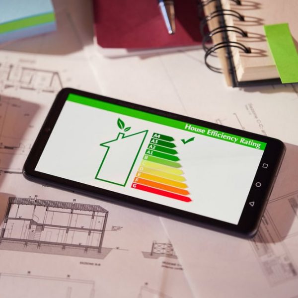 Energy,Efficiency,Screen,On,Cellphone,Leaning,On,Drawings,And,Blueprints